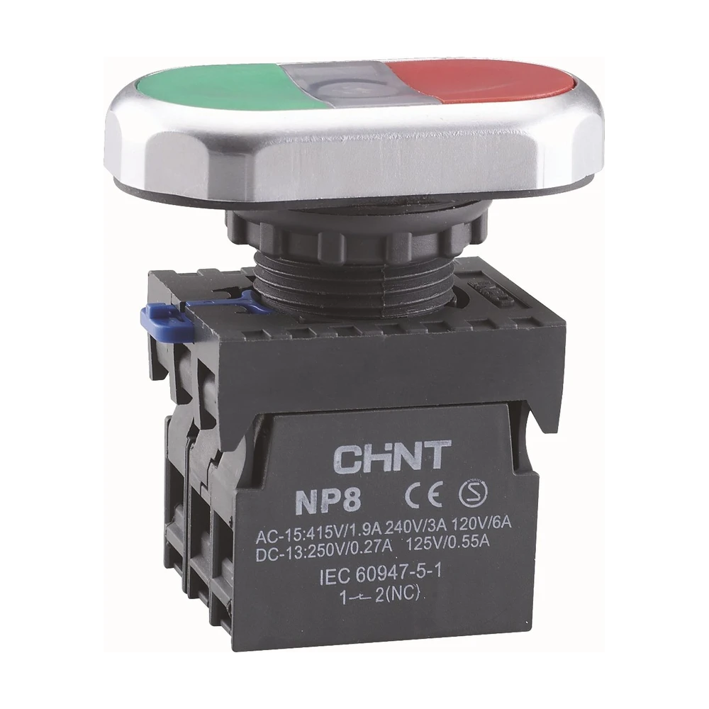 Двойная кнопка CHINT NP8-11SD 1НО+1НЗ зеленая AC110В-220В(LED) IP65 (R)