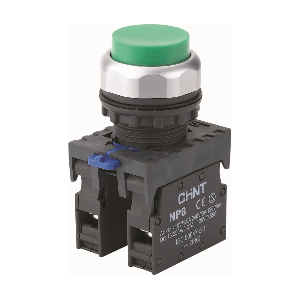 Кнопка упр. выступ. CHINT NP8-02GND/3 подсвет., самовозв., зелен., AC110-230В(LED), 2НЗ, IP65 (R)