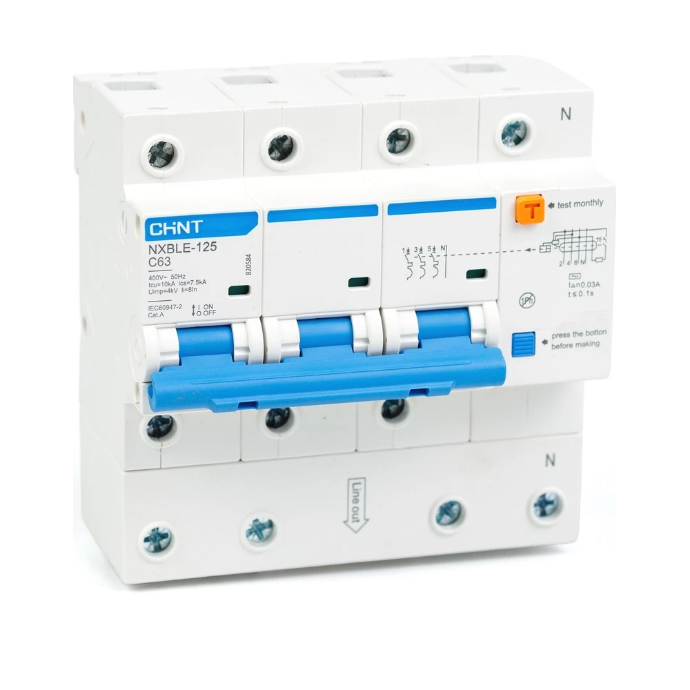 Диф. автомат CHINT NXBLE-125 3P+N 63А, х-ка C 30мА, электронный тип AС, х-ка C, 10кА (R)