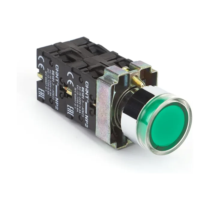 Кнопка управления CHINT NP2-BW3361 плоская, зеленая, 1НО, AC/DC230В(LED), IP40 (R)