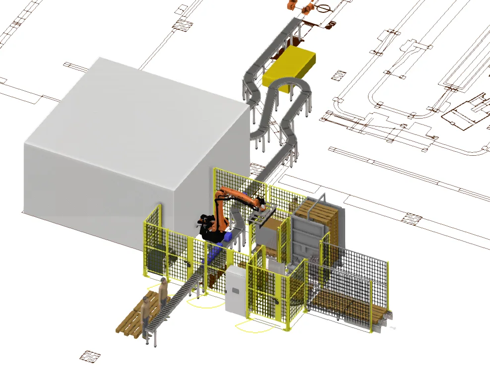 Ячейка паллетирования KUKA KR 240 с конвейерами, другой ракурс